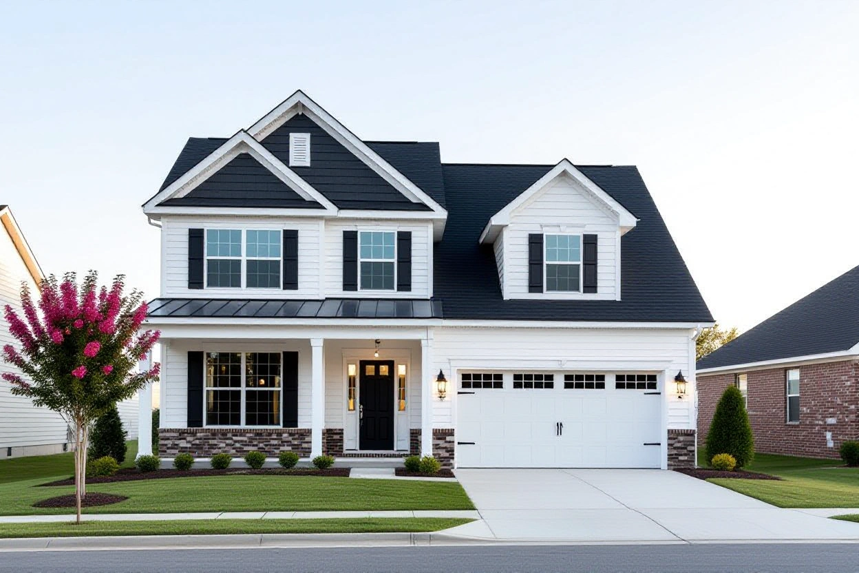 New charcoal architectural shingle roof on a two-story home with white siding