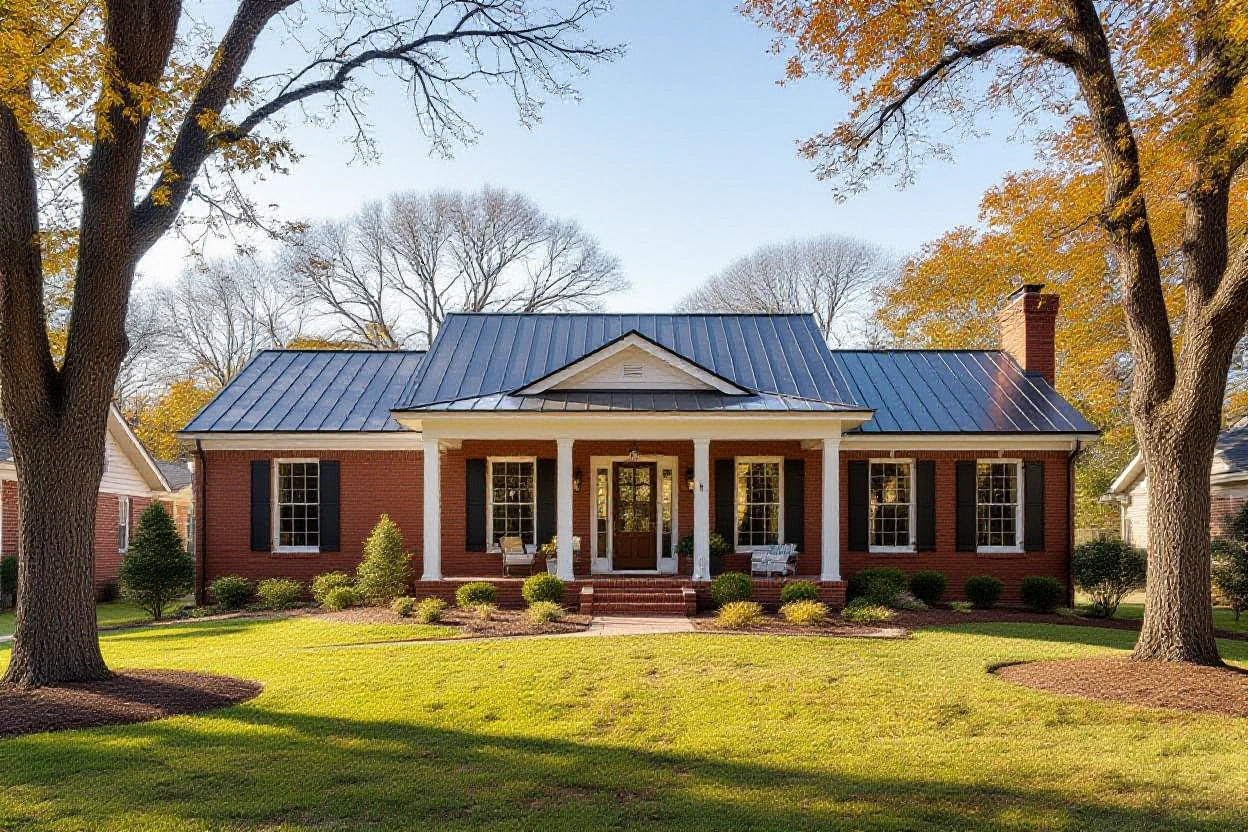 Illustration of a dark gray standing-seam metal roof on a red brick ranch house