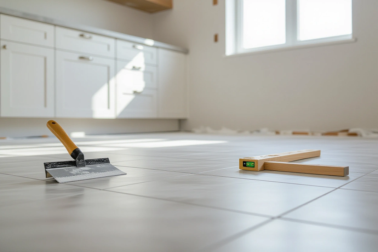 Large gray porcelain floor tiles being laid with spacers in an empty kitchen