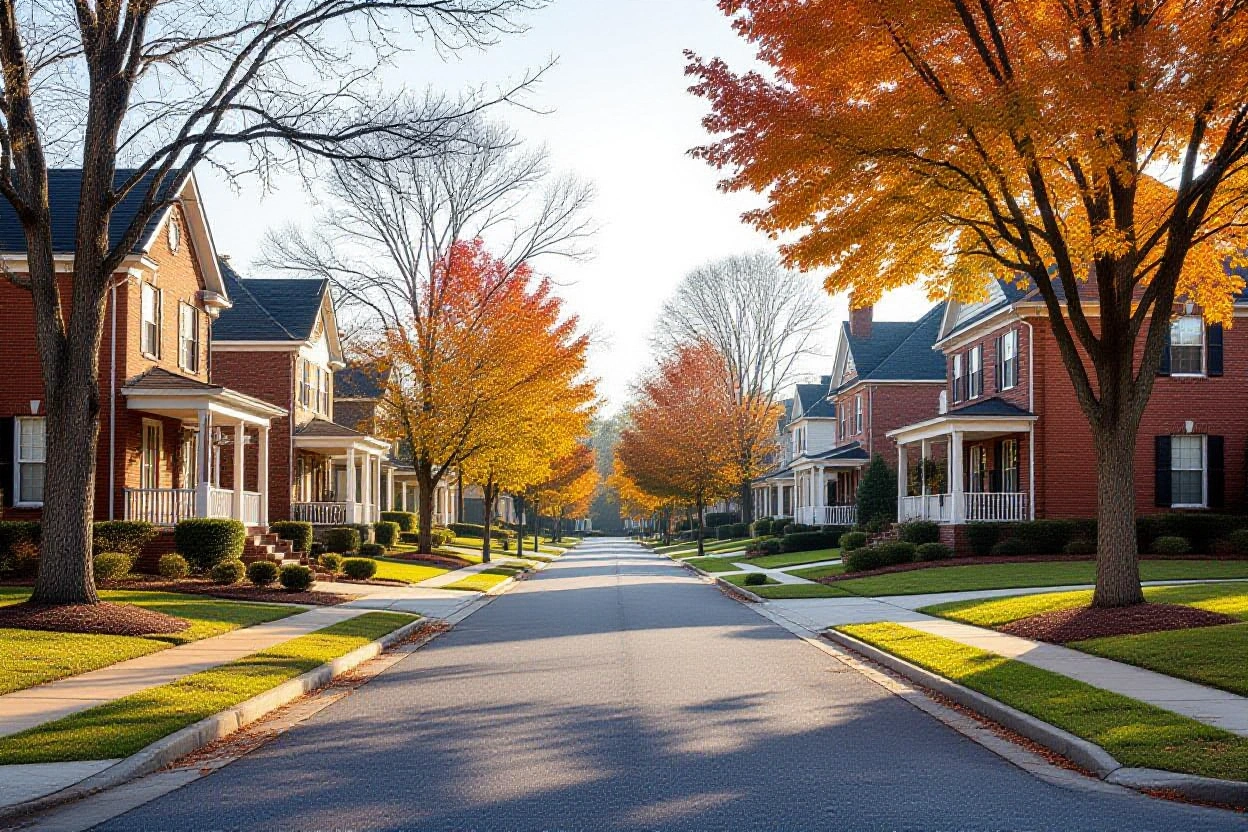 Illustration of a tree-lined street of brick and painted homes in Middle Tennessee